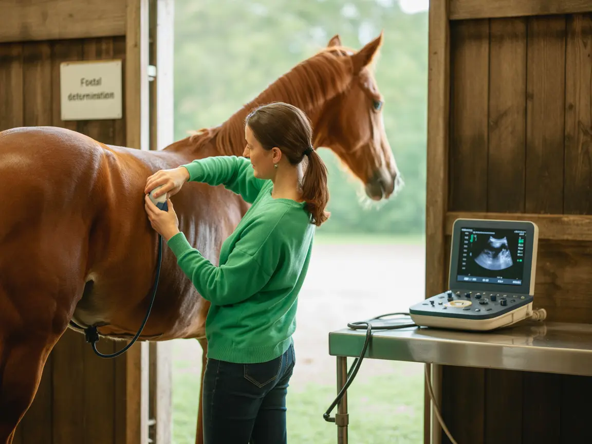 Veterinarian performing ultrasound examination on mare