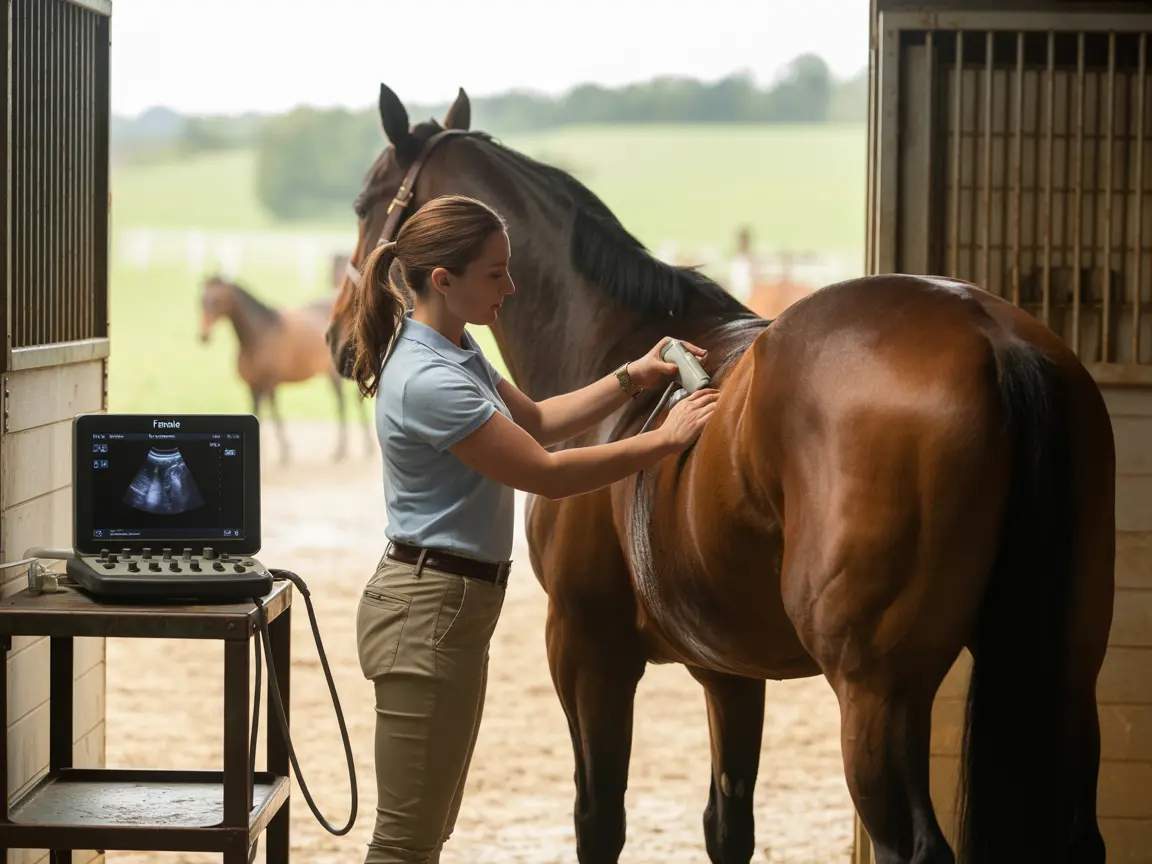 Professional veterinarian performing equine ultrasound examination